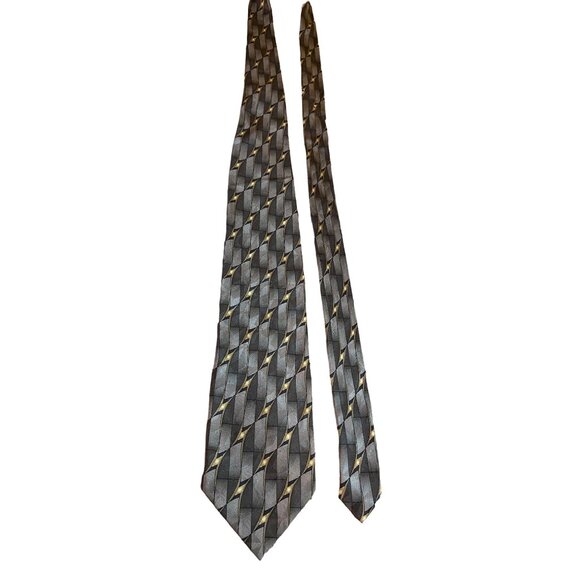 Kilburne And Finch Mens Silk Neck Tie Black Gray Gold Geometric Work Dad Gift - Picture 1 of 6